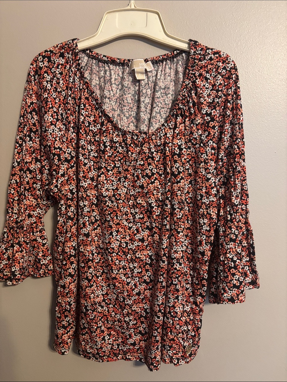 Michael Kors Black Floral Scoop Neck Top with Coral & White Accents